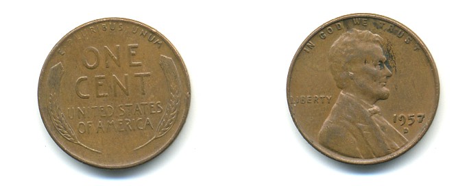 США 1 ЦЕНТ 1957 D ЛИНКОЛЬН KM A132 медь цинк 76-537