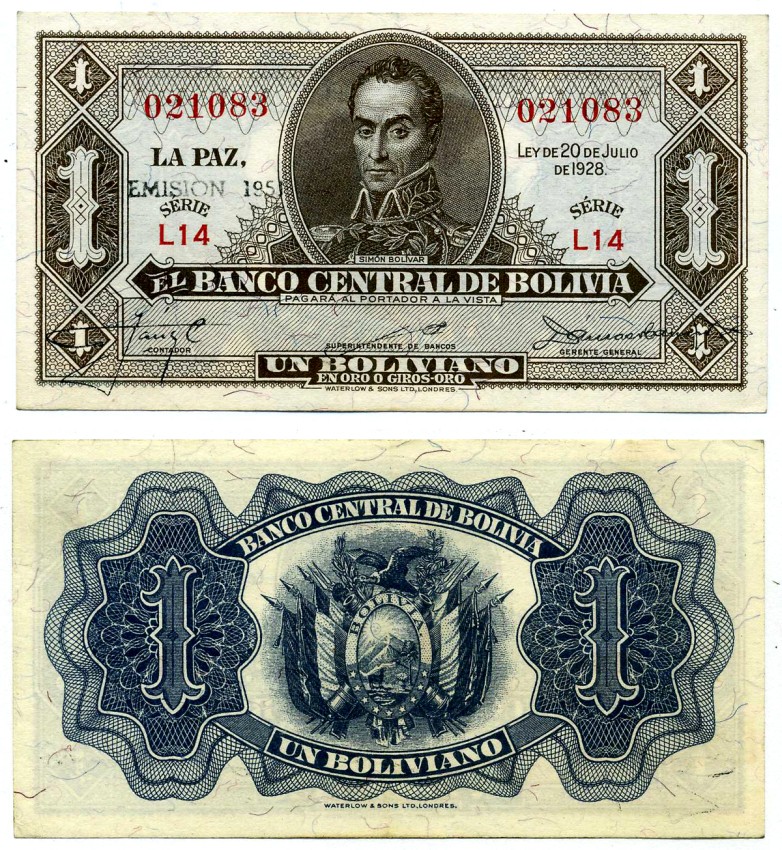 Боливия 1 боливиано 1928 (1951-1952) серия l 14, Симон Боливар, надпечатка EMISION 1951 Pick 128b бумага aUNC 8616-50-2-2