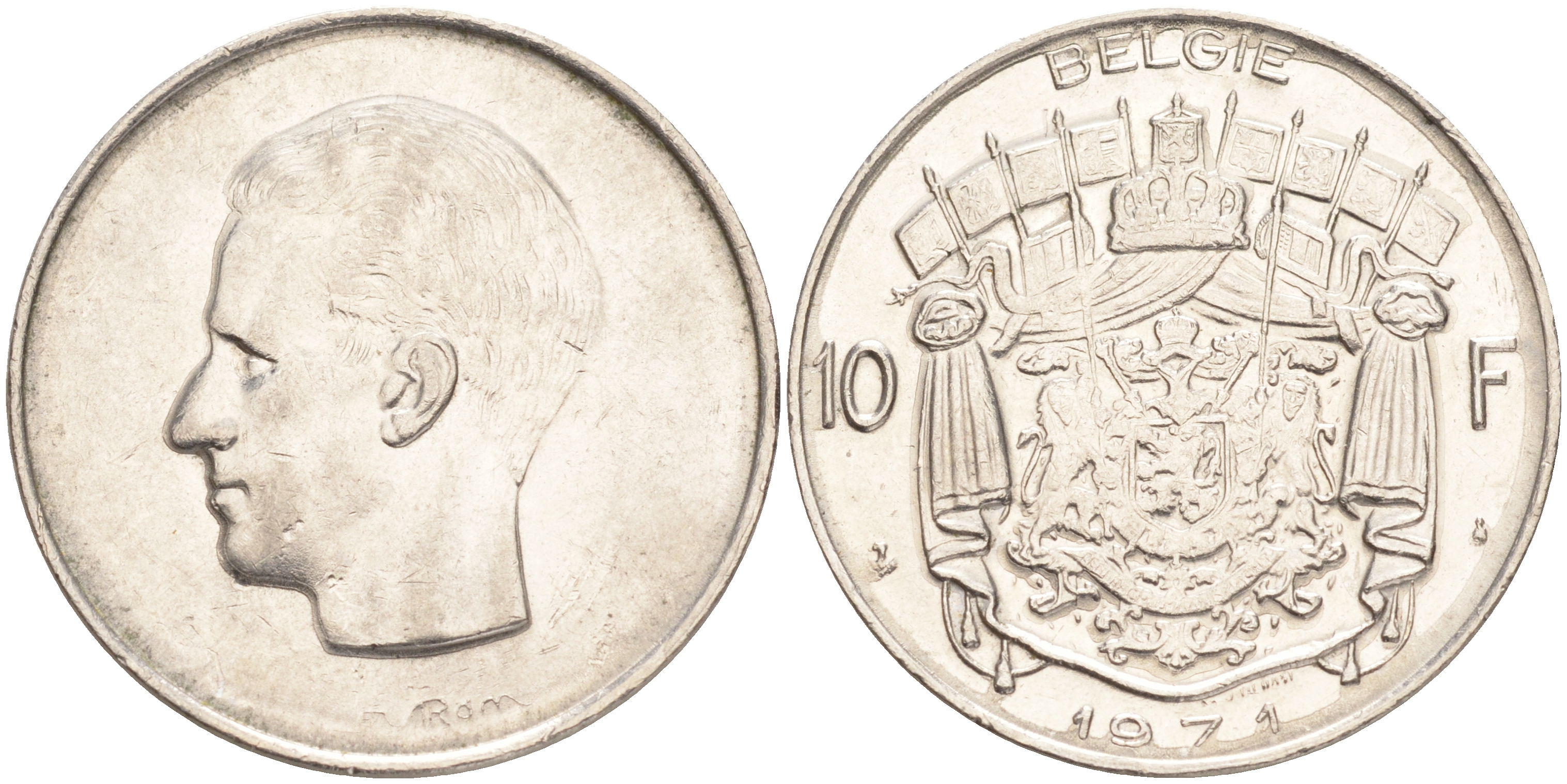 БЕЛЬГИЯ 10 ФРАНКОВ 1971 BELGIE, БОДУЭН I (1951-1993) KM 156.1 никель 4556-651