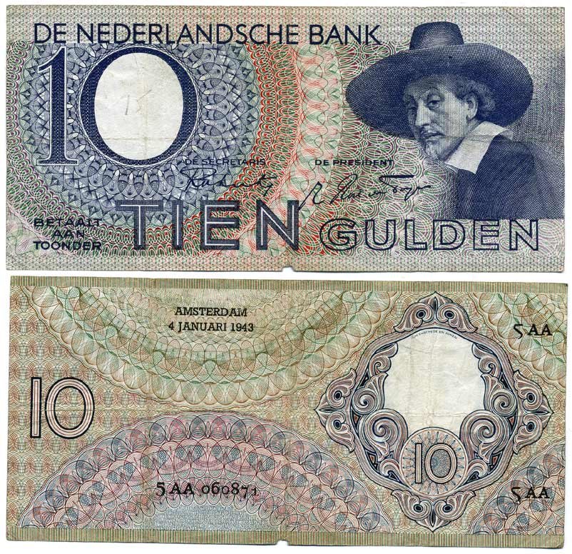 Нидерланды 10 гульденов 1943 Синдики (Рембрандт) Pick 59, Akkermans 32.1 бумага 00-00