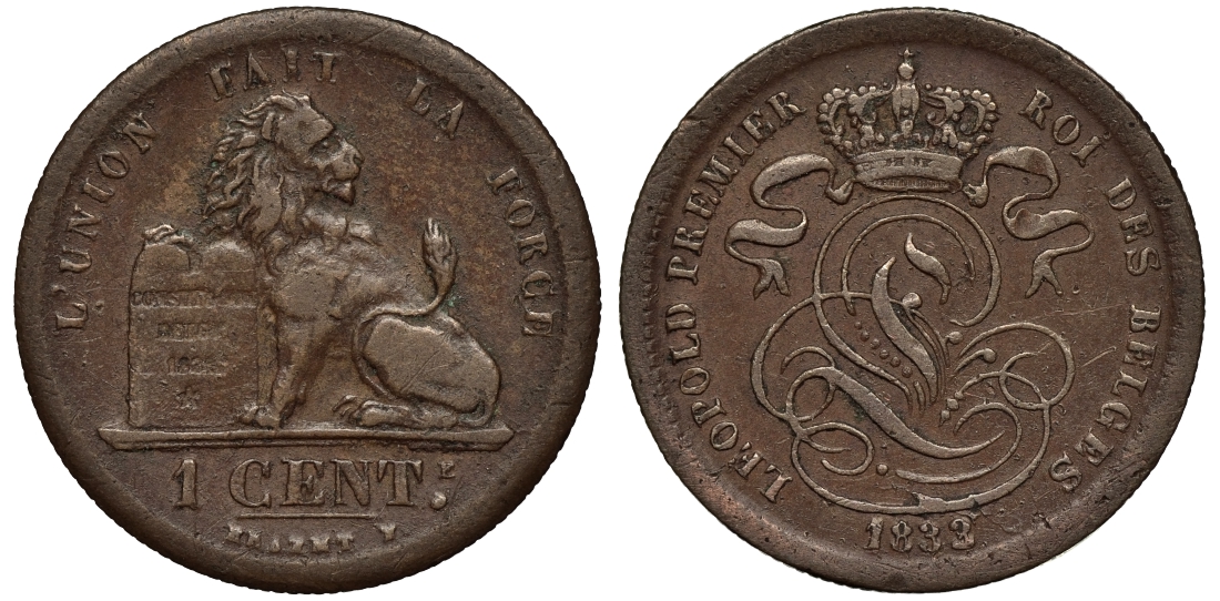 БЕЛЬГИЯ 1 САНТИМ 1833/2 BELGES KM 1.1 медь 02-264-13