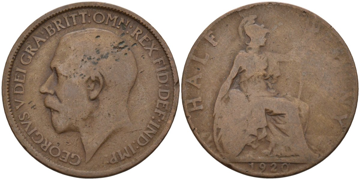 Великобритания 1/2 пенни 1920 Георг V (1910-1936) KM 809, Spink 4056 бронза 4143-657