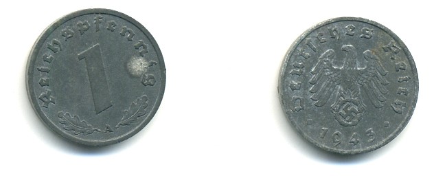 ГЕРМАНИЯ 1 РЕЙХСПФЕННИГ 1943 A KM 97, J. 369 цинк 4379-922