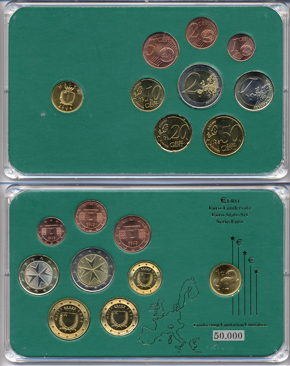 Мальта евронабор от 1 евроцента до 2 евро 2008 включает 1 цент 2004, планшет  биметалл, медно-никель  UNC  00-00