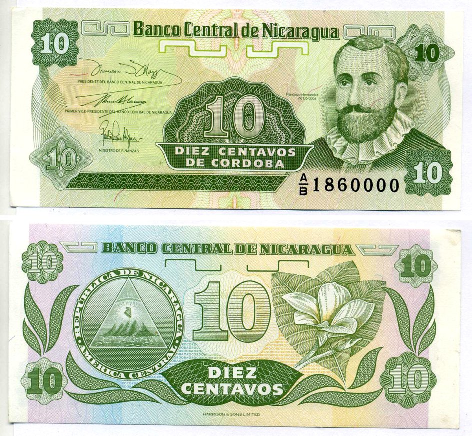 Никарагуа 10 сентаво 1991 Pick 169а(1) бумага UNC (пресс) 2196-26-1-2