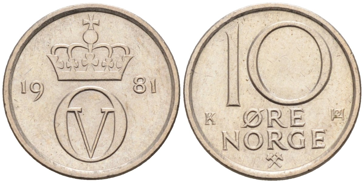 Норвегия 10 эре 1981 Улаф V (1958-1991) KM 416 медно-никель 4580-1016