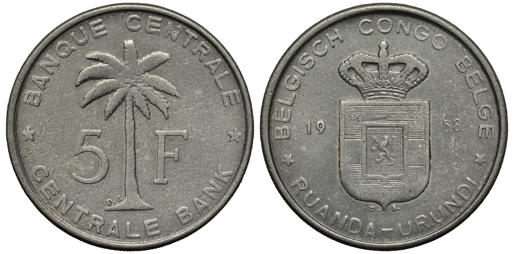 Бельгийское Конго 5 франков 1958 DB Руанда-Бурунди KM 3 алюминий 3856-142