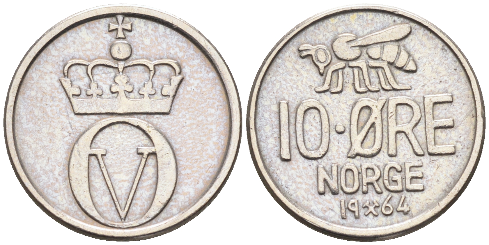 Норвегия 10 эре 1964 пчела, Улаф V (1958-1991) KM 411 медно-никель    4169-323