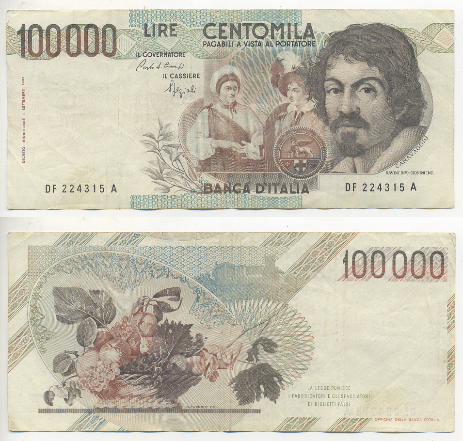 Италия 100000 лир 1983 Караваджо, фруктовый букет, подпись Speziali Pick 110b бумага 7220-12-2