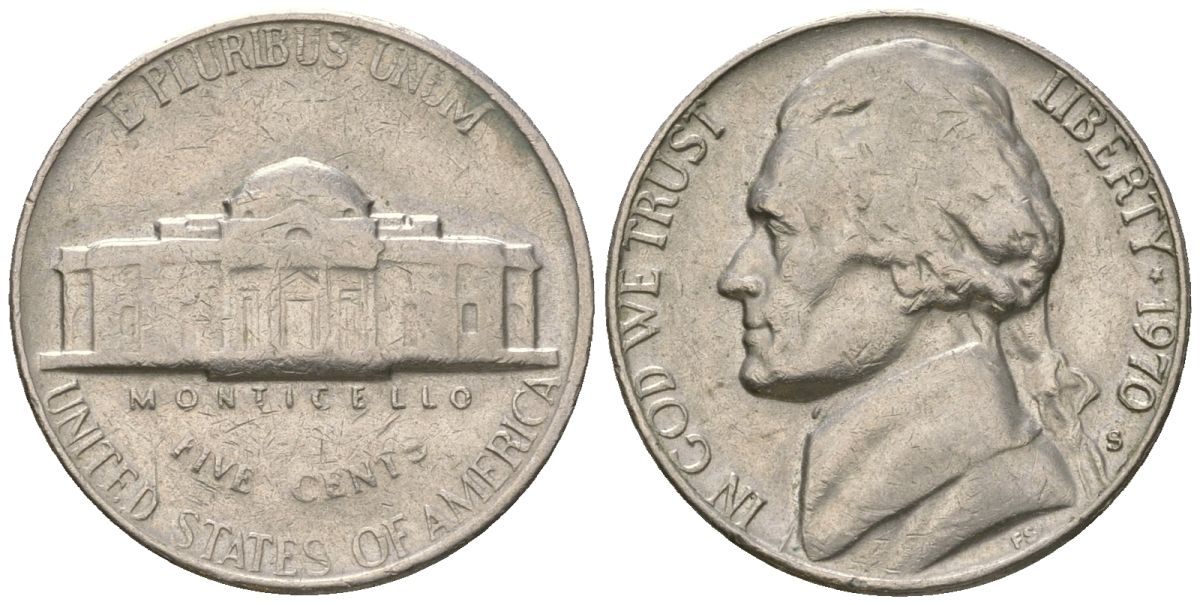 США 5 центов 1970 S (Сан-Франциско), Джефферсон KM A192 медно-никель 4592-346