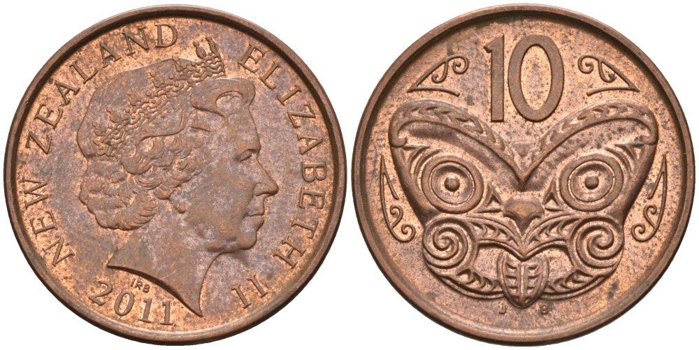 Новая Зеландия 10 центов 2011 маска Маори, Елизавета II (1952-) KM 117а сталь плакированная медью 41-1122