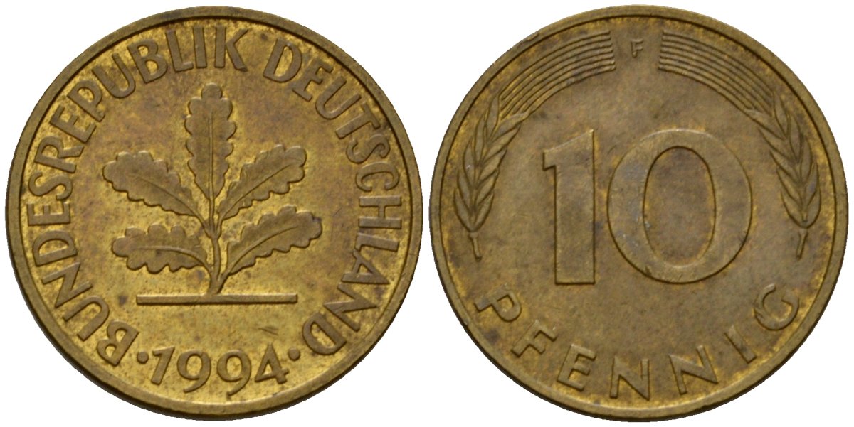 ФРГ 10 пфеннигов 1994 F KM 108, J. 383 сталь плакированная латунью 4603-1141
