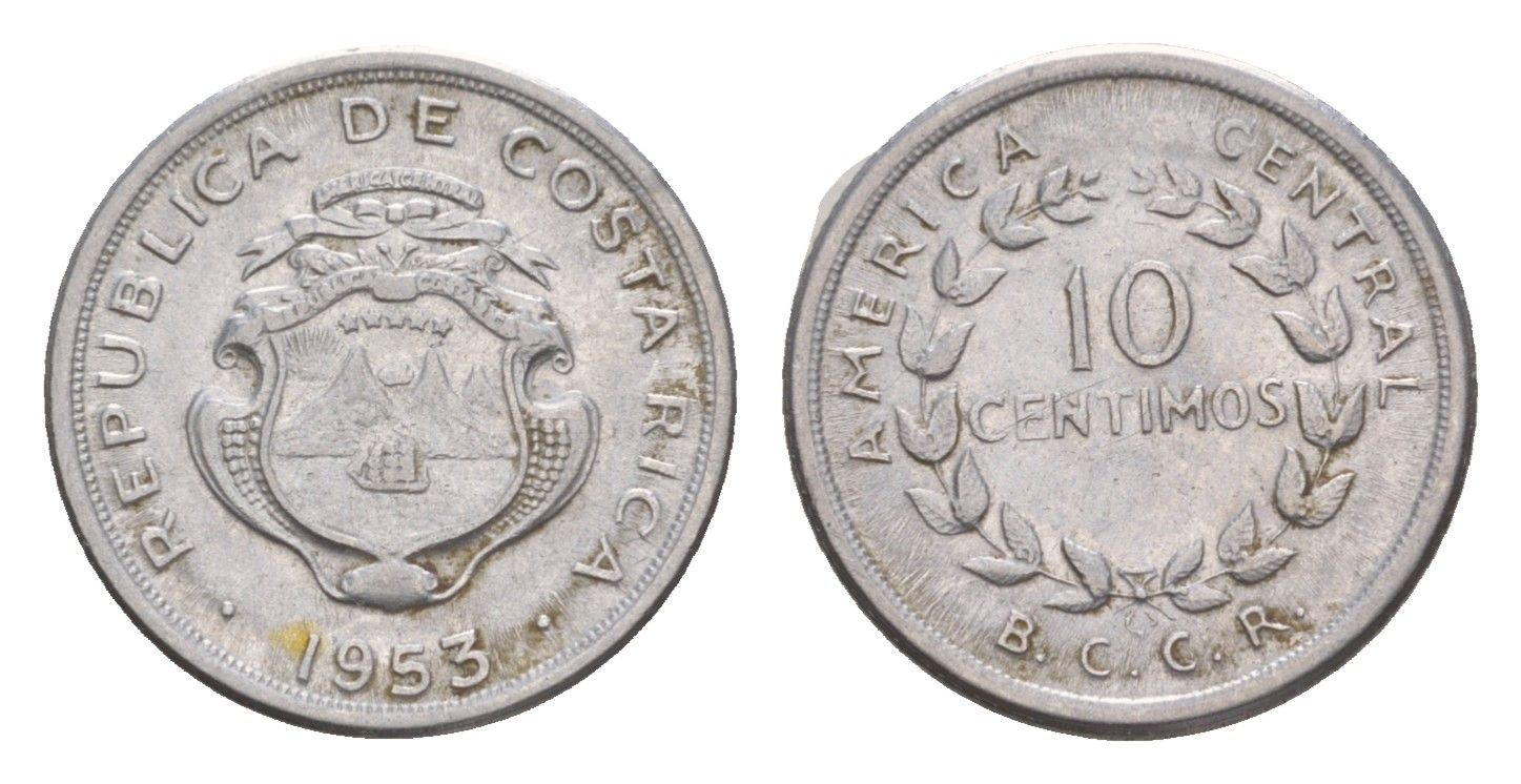 Коста-Рика 10 сентимо 1953 KM 185.1a нержавеющая сталь aUNC 4651-936