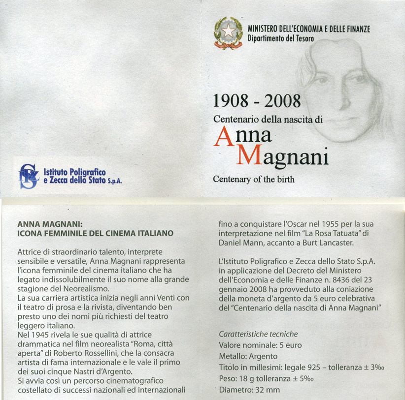 Италия 5 евро 2008 R, 100 лет Анне Маньяни, в оригинальной коробке с сертификатом KM 303 серебро 2-4-2-28