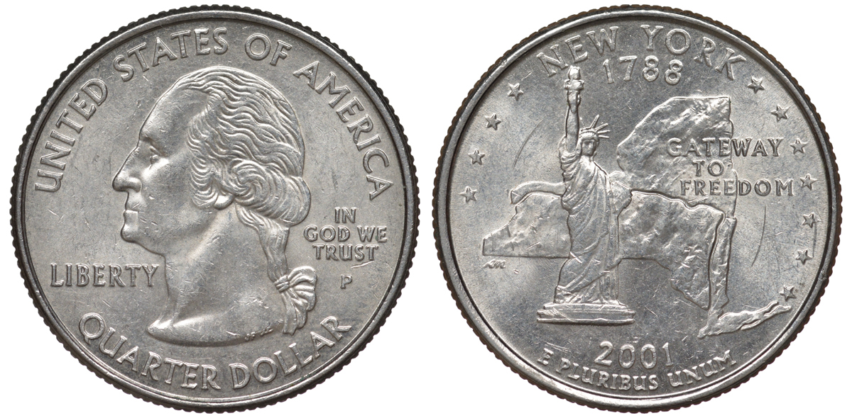 США 25 центов = квотер 2001 Р, серия штаты США, Нью-Йорк KM 318 медь плакированная медно-никелем 4541-432