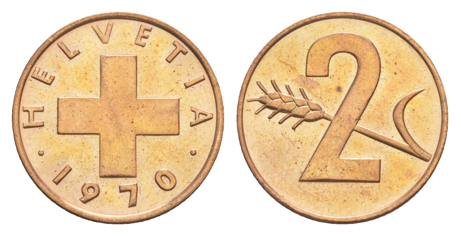 Швейцария 2 раппена 1970 KM 47 бронза UNC 4630-924