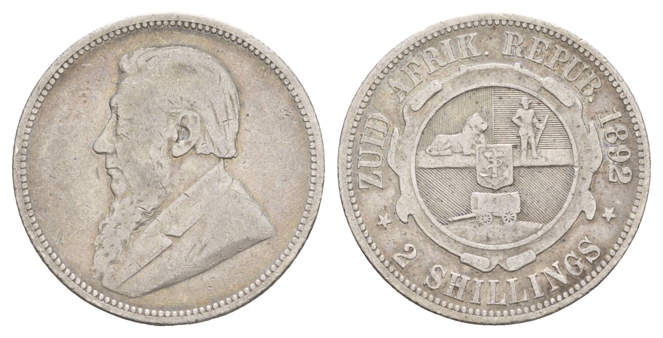 ЮАР 2 шиллинга 1892 ZAR, Трансвааль, Крюгер KM 6 серебро 1518-624