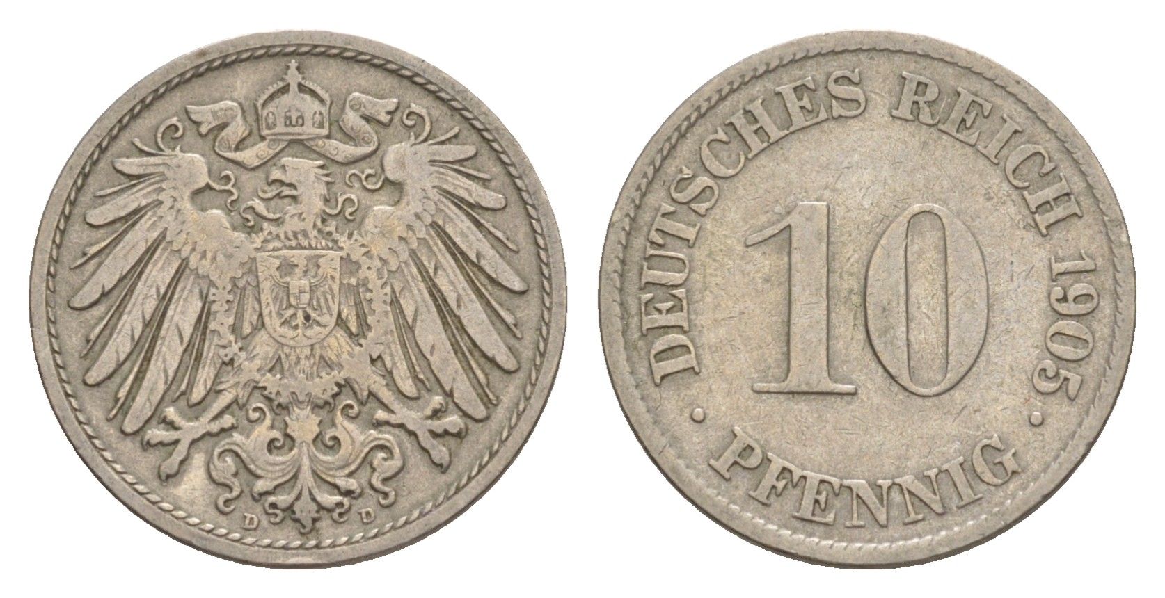 Германия 10 пфеннигов 1905 D, Вильгельм II (1888-1918) KM 12, J. 13 медно-никель 4640-261