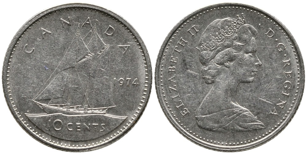 КАНАДА 10 ЦЕНТОВ 1974 ЕЛИЗАВЕТА II (1952-), ПАРУСНИК, ВТОРОЙ ПОРТРЕТ В КОРОНЕ KM 77.1 никель 4532-818