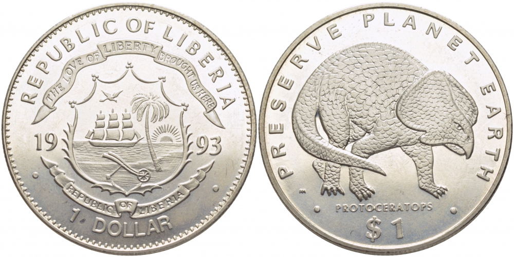 Либерия 1 доллар 1993 серия динозавры, протоцератопс KM 98 медно-никель UNC 107-1111