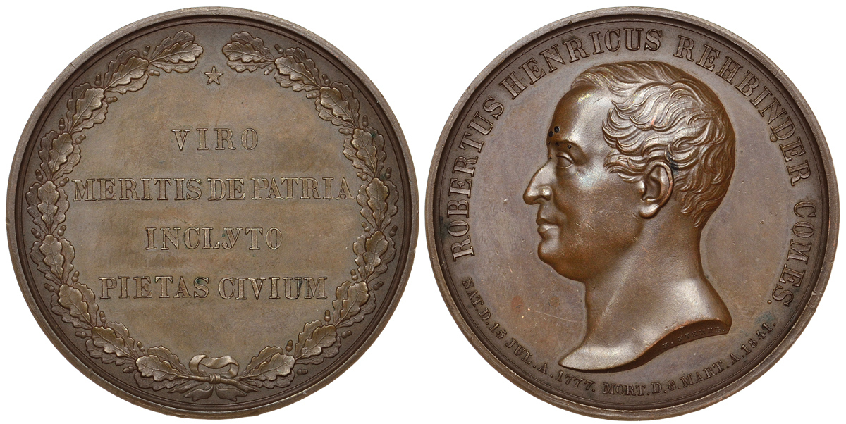 Россия медаль 1841 на смерть графа Роберта Генриховича Ребиндера, 50,4 мм, 68,7 гр Дьяков 564.1 R1 бронза 10-003-31