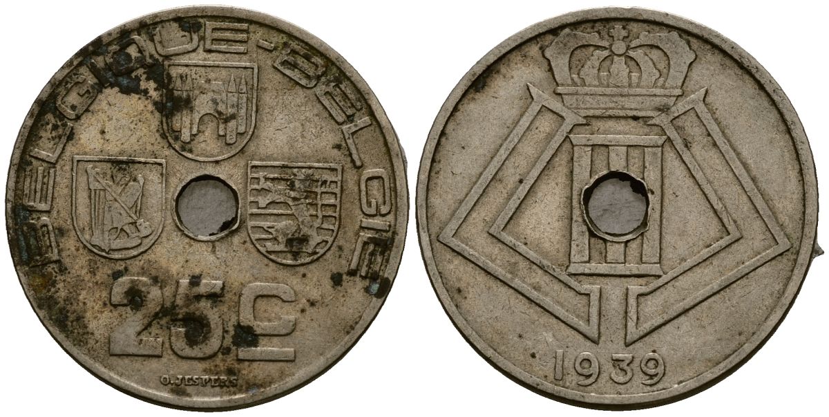 Бельгия 25 сантимов 1939 Belgique - Belgie KM 115 никель латунь 4512-1034