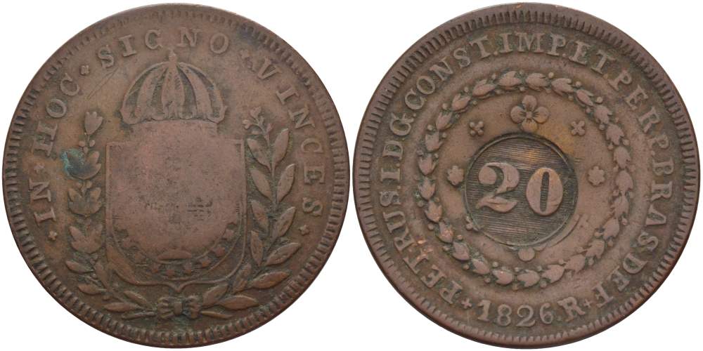 БРАЗИЛИЯ 20 РЕЙС 1835 ПРОВИНЦИЯ ICO, НАДЧЕКАНКА НА 40 РЕЙСАХ 1826R ПЕДРО I KM 436.1 медь 4527-1021