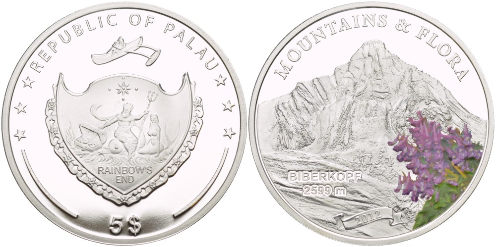 Палау 5 долларов 2012 горы и флора, Биберкопф, 2599 метра, эмаль KM NEW серебро PROOF 1088-1-13