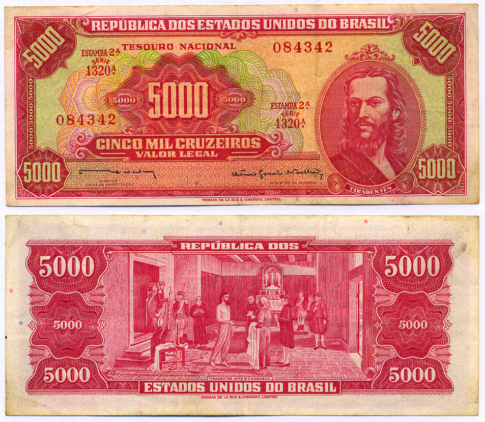 БРАЗИЛИЯ 5000 КРУЗЕЙРО 1964 ПОДПИСЬ 13, ТИРАДЕНТИС, БРАЗИЛЬСКИЙ РЕВОЛЮЦИОНЕР Pick 182b бумага 8564-45-4