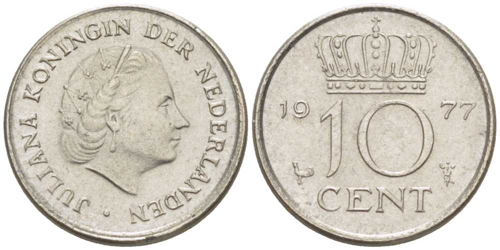 НИДЕРЛАНДЫ 10 ЦЕНТОВ 1977 ЮЛИАНА (1948-1980) KM 182 никель 211-1226