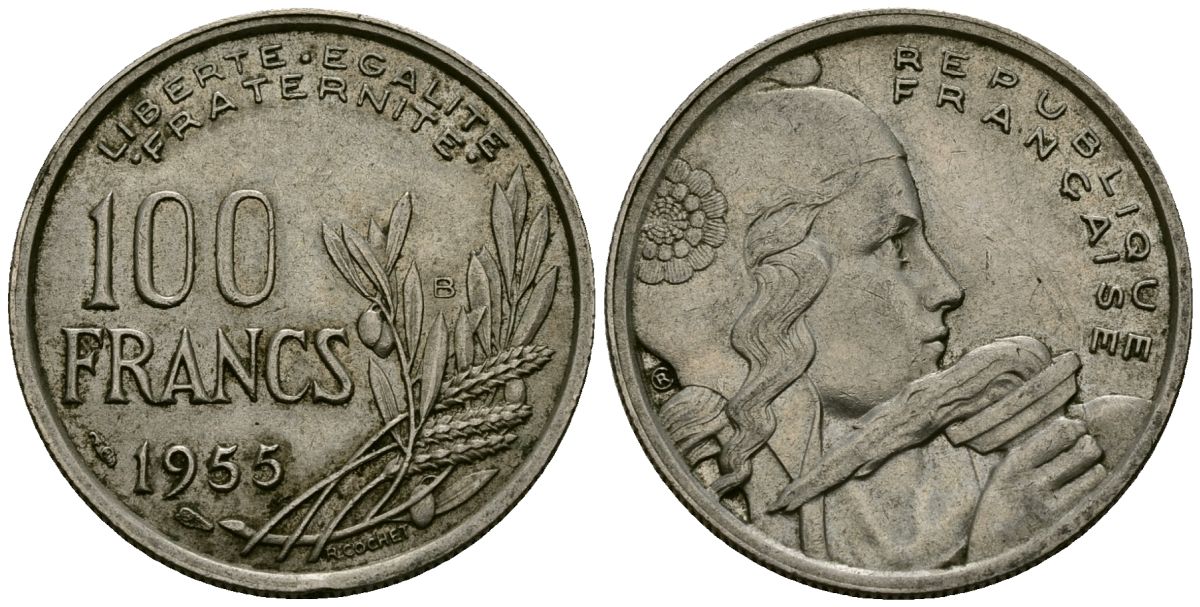 Франция 100 франков 1955 KM 919.2 медно-никель 4571-643