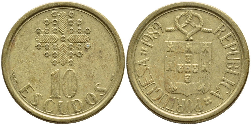 ПОРТУГАЛИЯ 10 ЭСКУДО 1989 KM 633 никель латунь 4395-1011