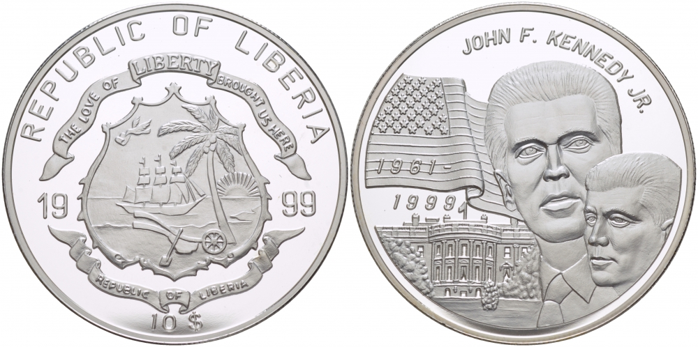 Либерия 10 долларов 1999 президент США Джон Кеннеди KM 594 серебро PROOF 1068-1-23