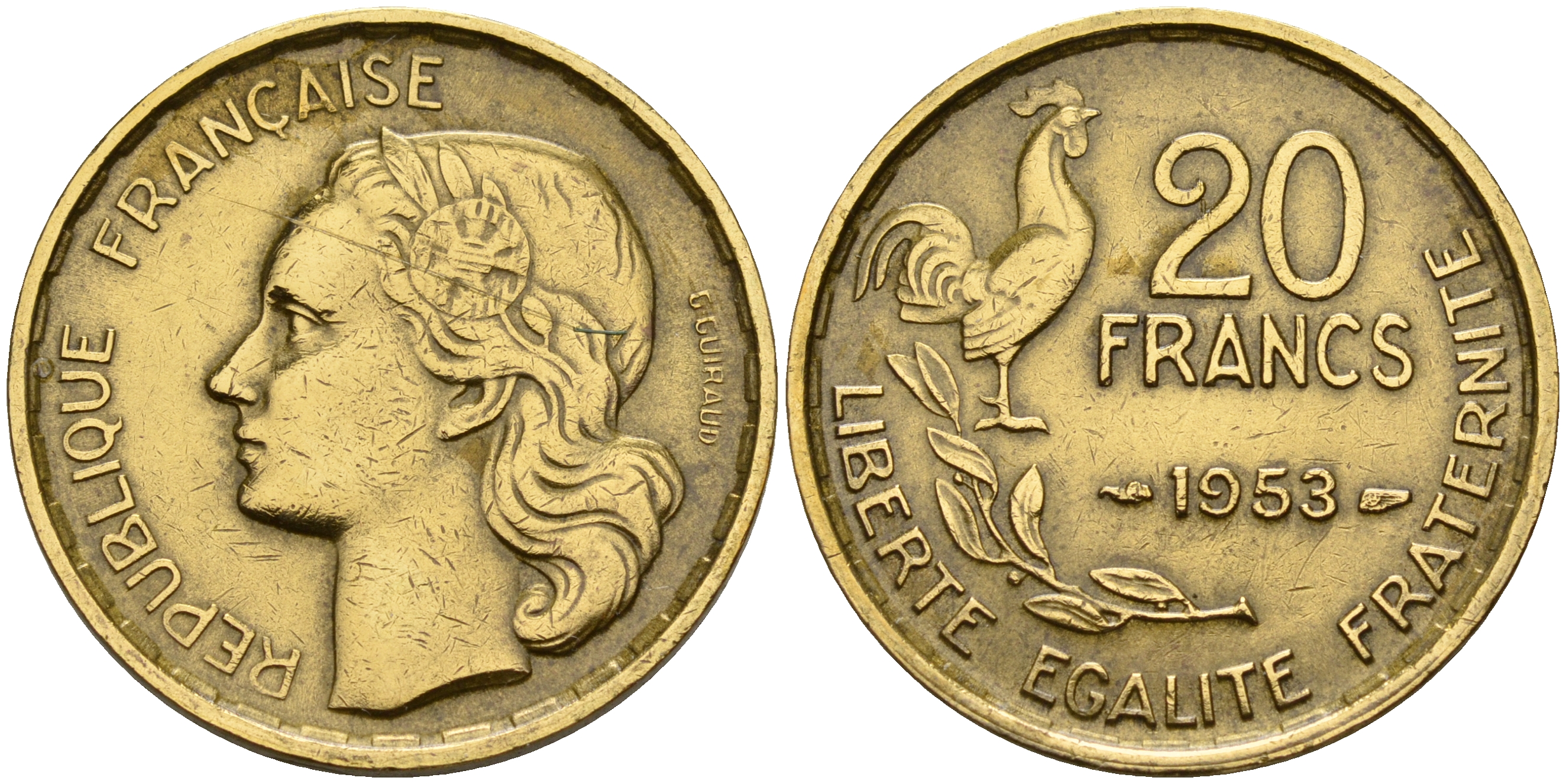 Франция 20 франков 1953  KM 917.1 алюминиевая бронза    4153-513