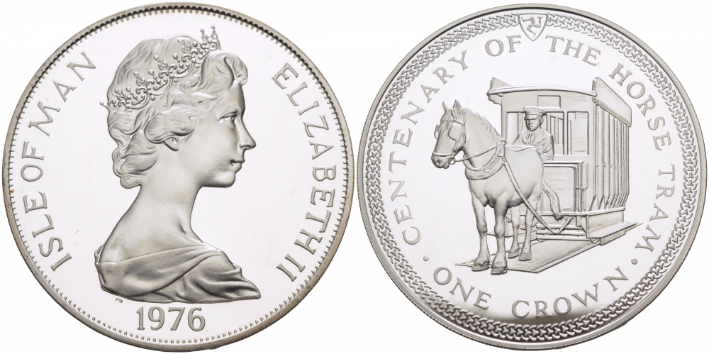 Остров Мэн 1 крона 1976 100 лет конному трамваю KM 38а серебро PROOF 1081-4-32