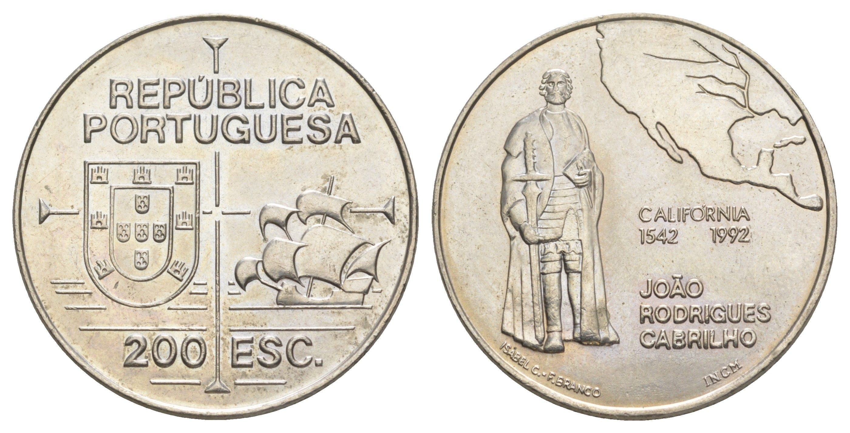 Португалия 200 эскудо 1992 450 лет открытию Калифорнии KM 661 медно-никель UNC 1101-5-53