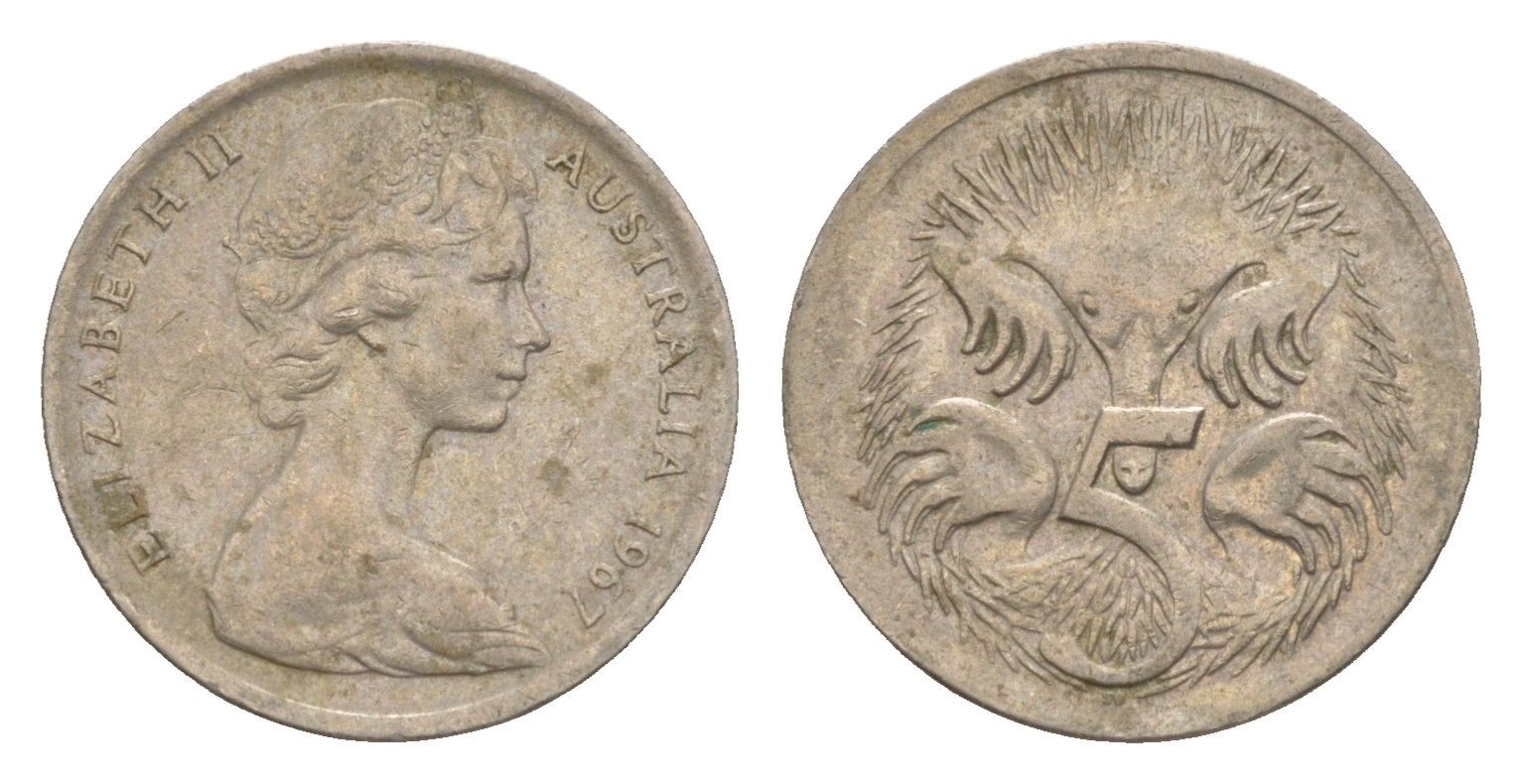 Австралия 5 центов 1967 Елизавета II (1952-2022) молодой портрет, ехидна KM 64 медно-никель 4151-413