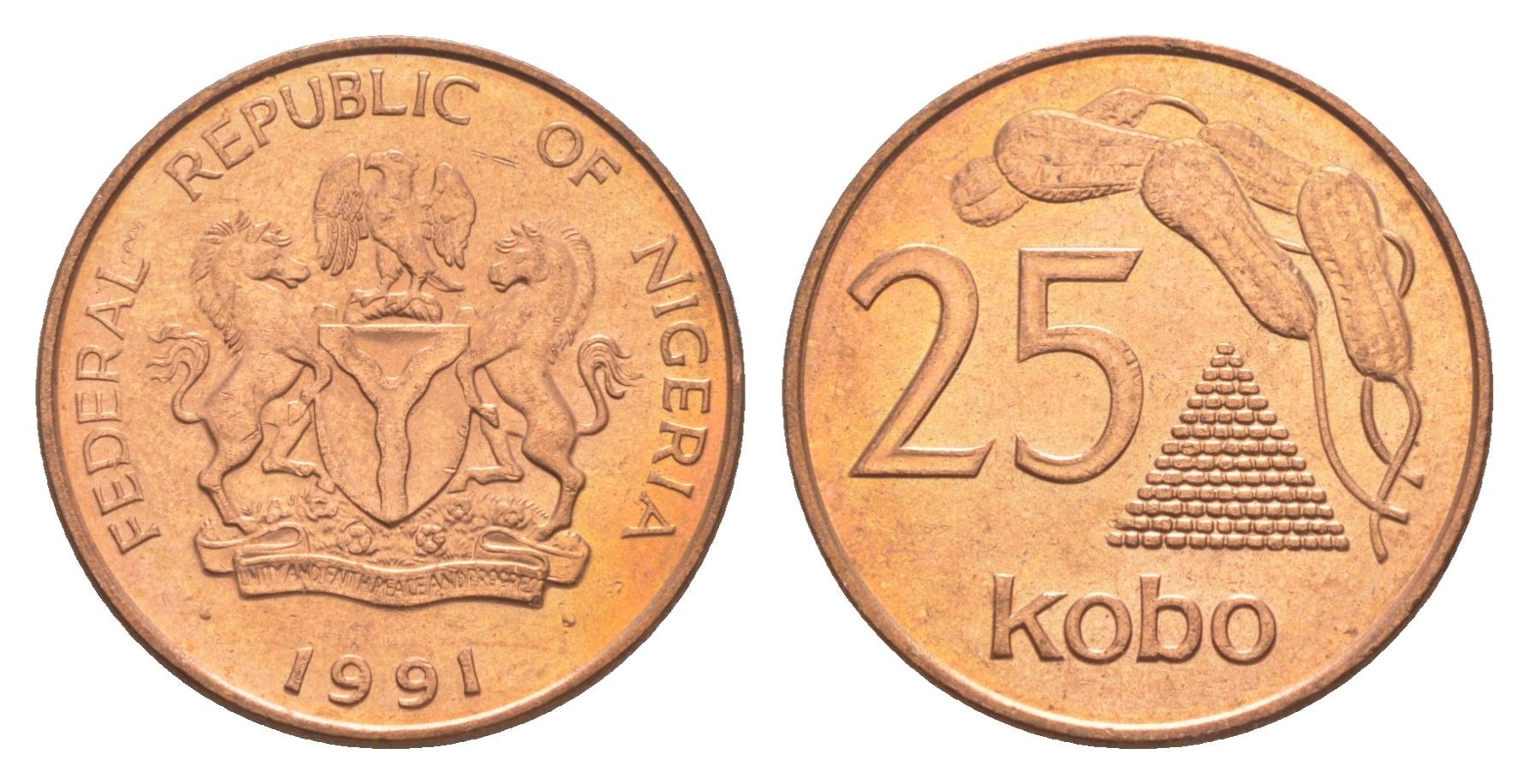 Нигерия 25 кобо 1991 год-тип KM 11a сталь плакированная медью UNC 4654-356