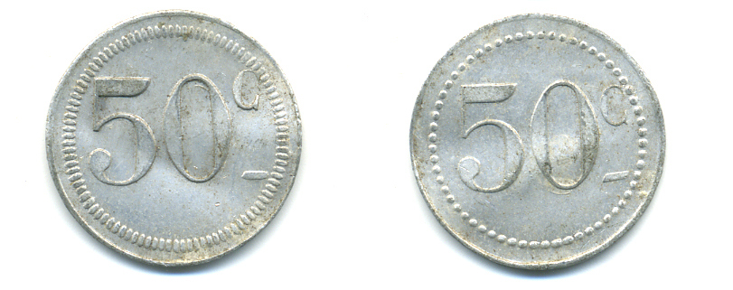 ФРАНЦИЯ 50 САНТИМОВ НАЧАЛО XX ВЕКА d 24 мм, вес около 1,0 гр., платежный жетон алюминий 89-745