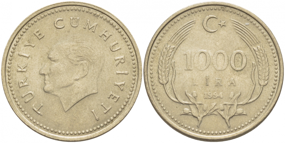 Турция 1000 лир 1994 Мустафа Кемаль Ататюрк KM 997 медь никель цинк 4402-1041