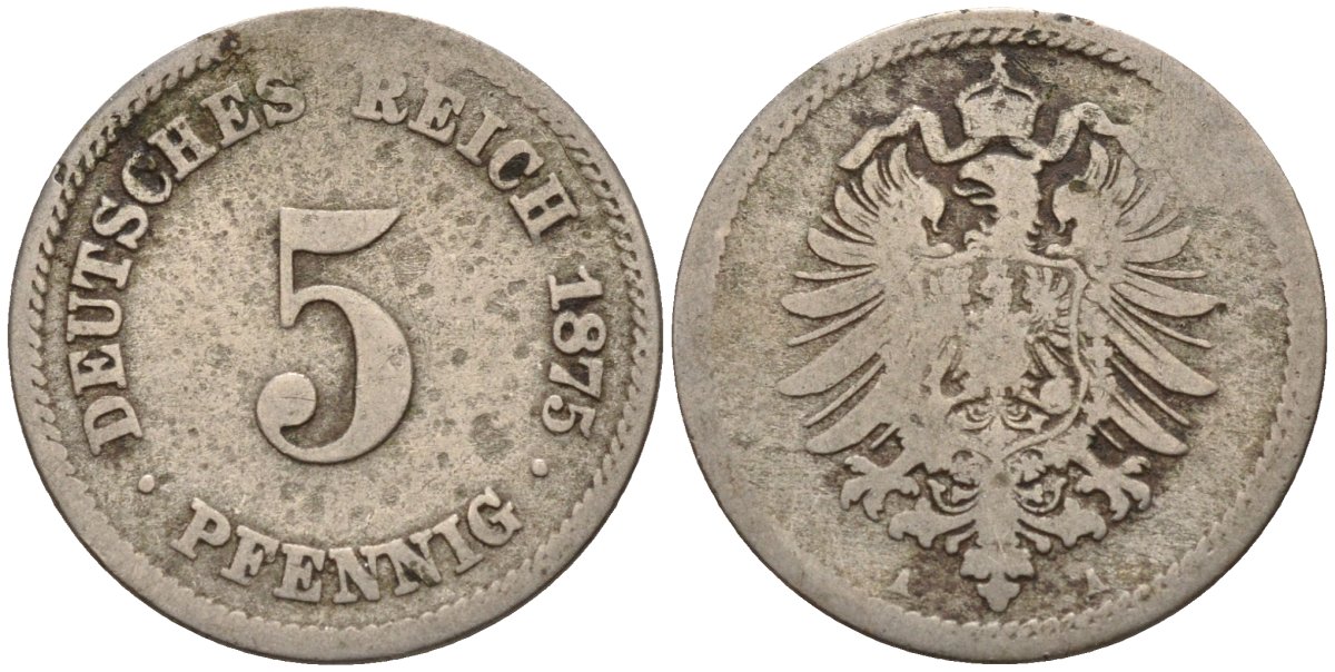Германия 5 пфеннигов 1875 A, старогербовка KM 3, J. 3 медно-никель 4151-352