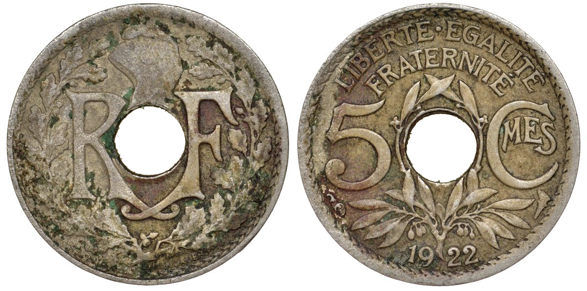 Франция 5 сантимов 1922 тип Линдайё KM 875 медно-никель 51-2326