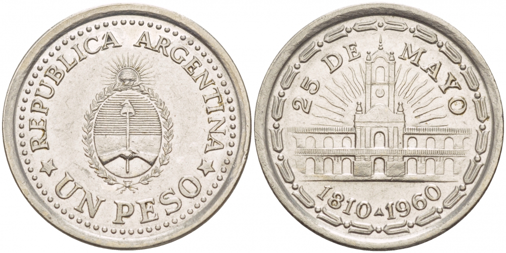 Аргентина 1 песо 1960 150 лет свержения Испанского вице-короля (1810-1960) KM 58 сталь плакированная никелем 4548-346