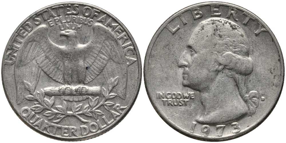 США 25 центов (квотер) 1973 D, Вашингтон KM 164а медь плакированная медно-никелем 113-511