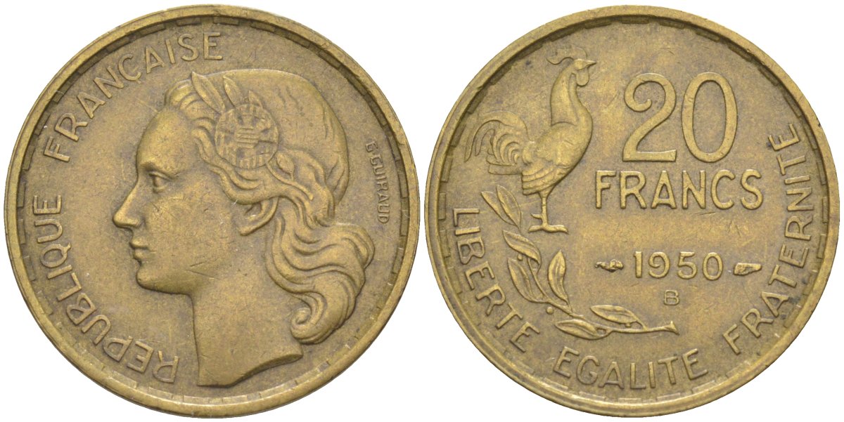 Франция 20 франков 1950 В, петух, 4 ПЕРА KM 917.2, Le Frank 402.4 алюминиевая бронза 4519-544