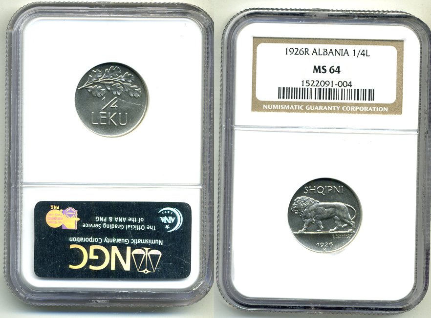 Албания 1/4 лека 1926 Зог I, слаб NGC MS 64 KM 3 никель UNC 00-000-00