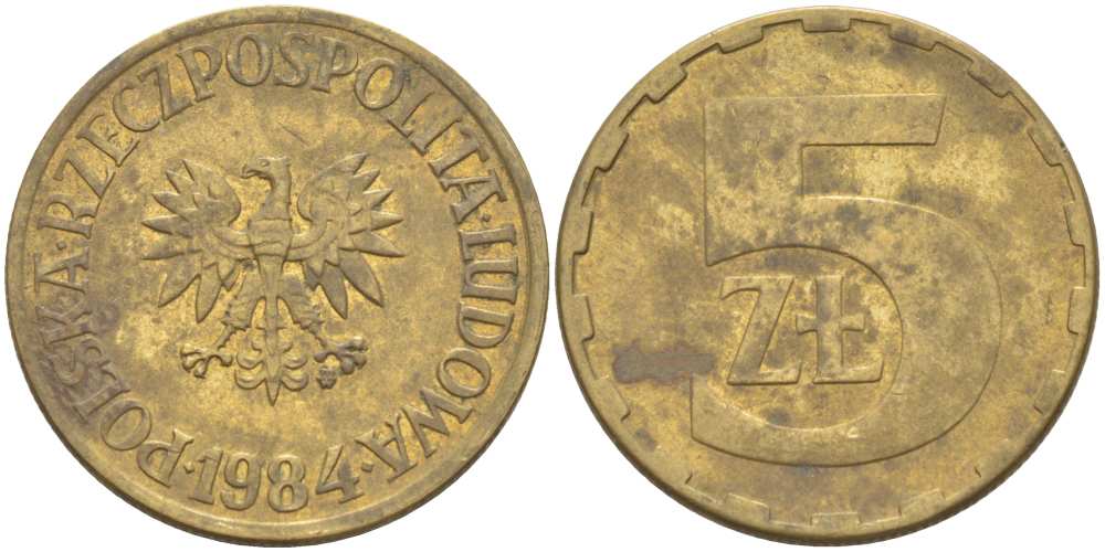 Польша 5 злотых 1984 MW KM 81.1, Parchimowicz 221i латунь 4514-535