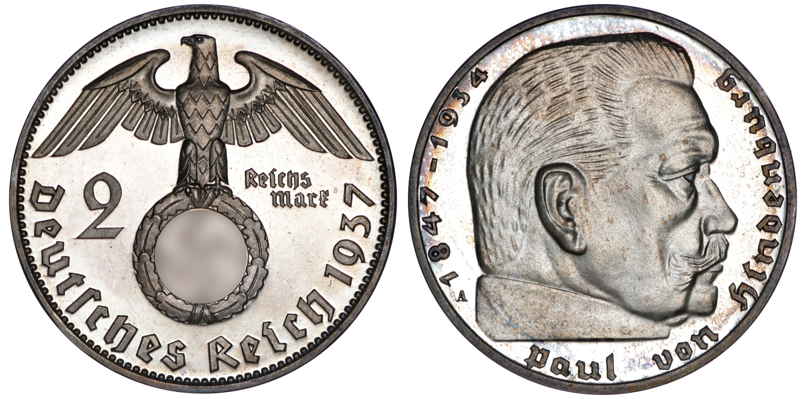 Германия 2 рейхсмарки 1937 А, Берлин, Гинденбург J. 366, KM 93 серебро PROOF 00-000-00