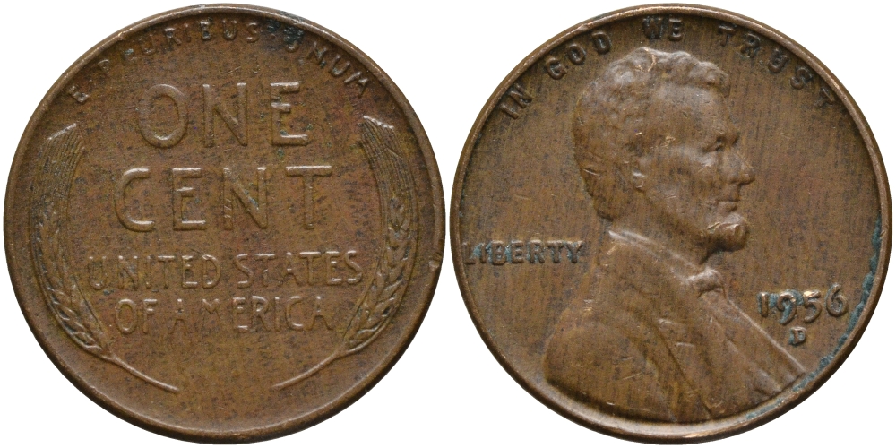 США 1 ЦЕНТ 1956 D, ЛИНКОЛЬН KM А132 медь цинк 53-336