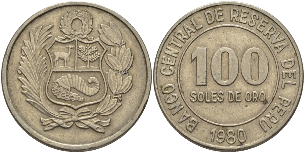 Перу 100 солей 1980 KM 283 медно-никель 4110-346